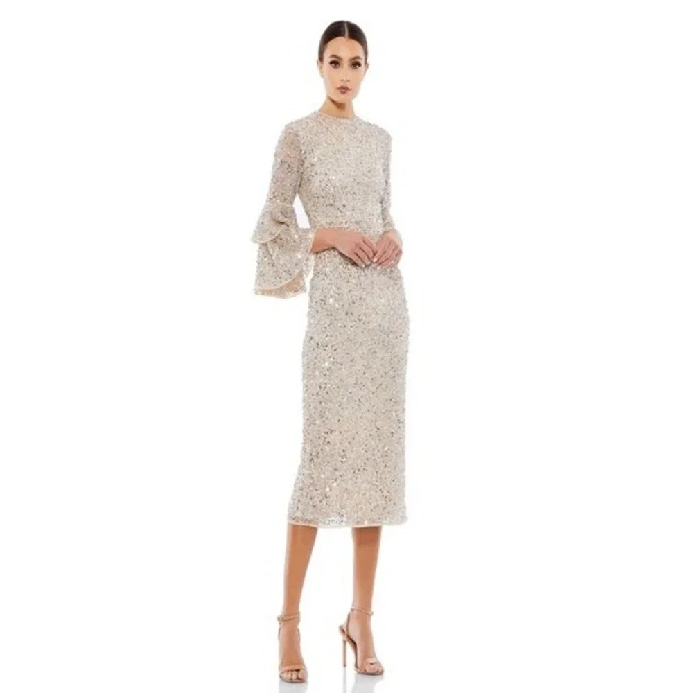 Mac Duggal 10806 Sequin Tiered Bell Sleeve‎ Midi Dress Nude Silver Size 4